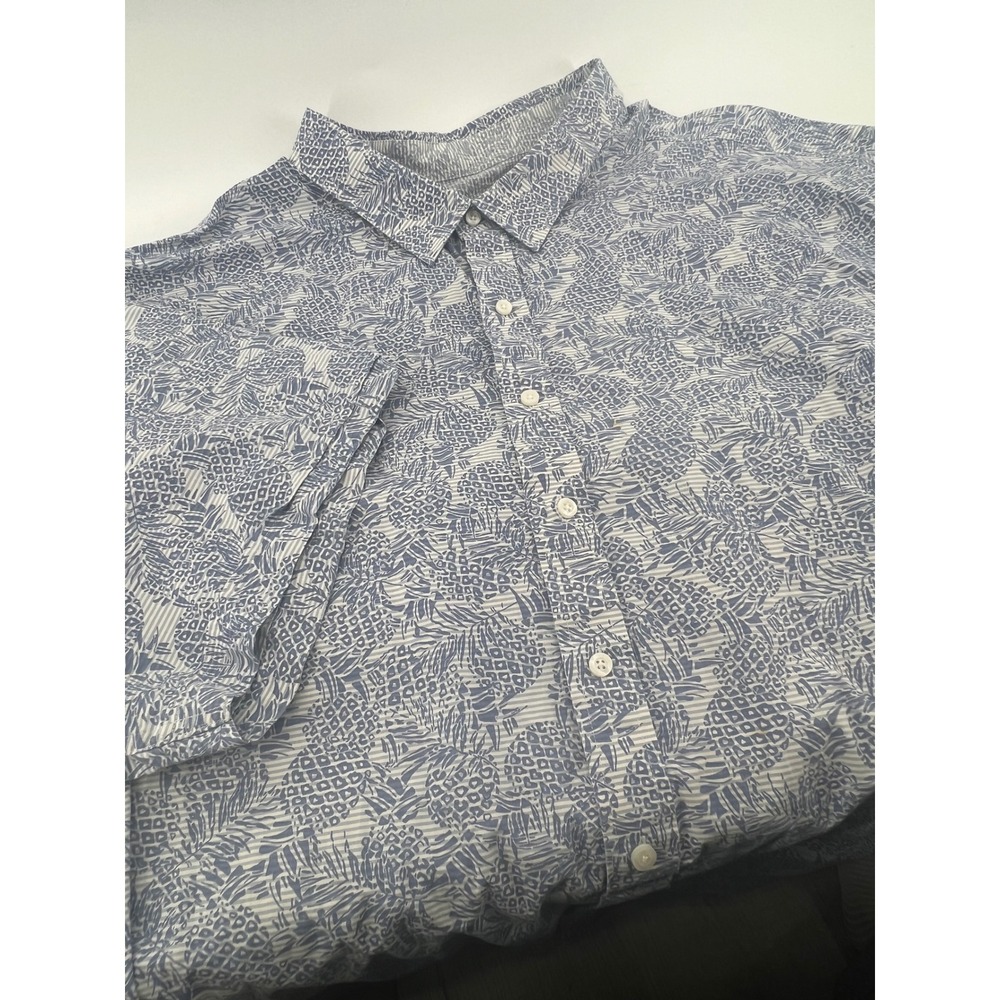 SYNRGY Mens Blue White Pineapple Print Cotton Short Sleeve Button Down Shirt 4XL